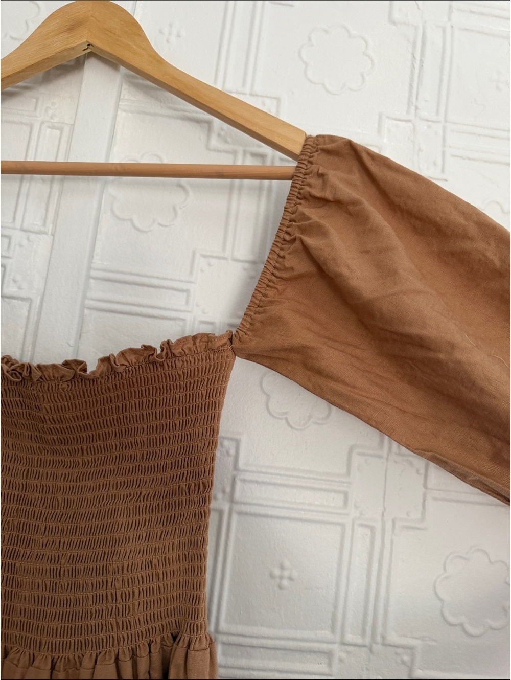 Petal + Pup Brown Linen Blend Smocked Midi Dress Puff Sleeve Size L Cottagescore - Picture 8 of 10